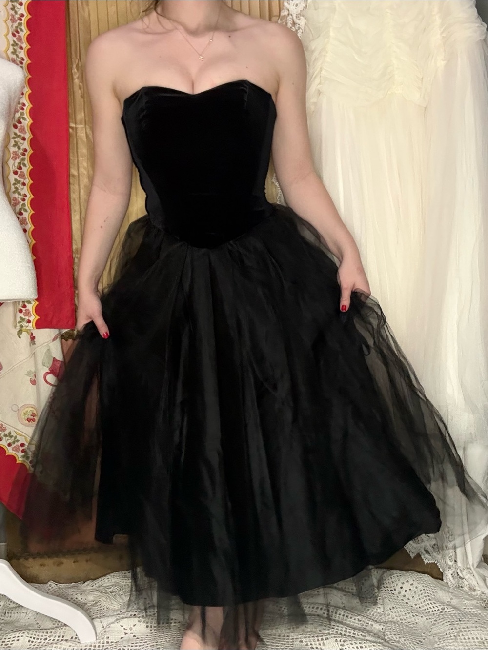 Vintage 90’s Blondie Nites Black Strapless Velvet Corset Tulle Dress